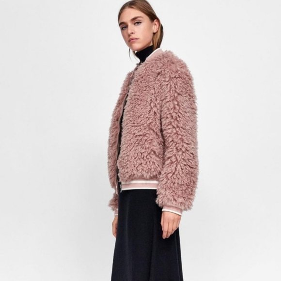Zara Basic Dusty Pink Mauve Faux Fur Teddy Boho Bomber Jacket Size XS - Picture 2 of 15
